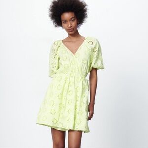 Zara Elegant Eyelet Puff Sleeve Wrap Mini Dress in Lime Green
